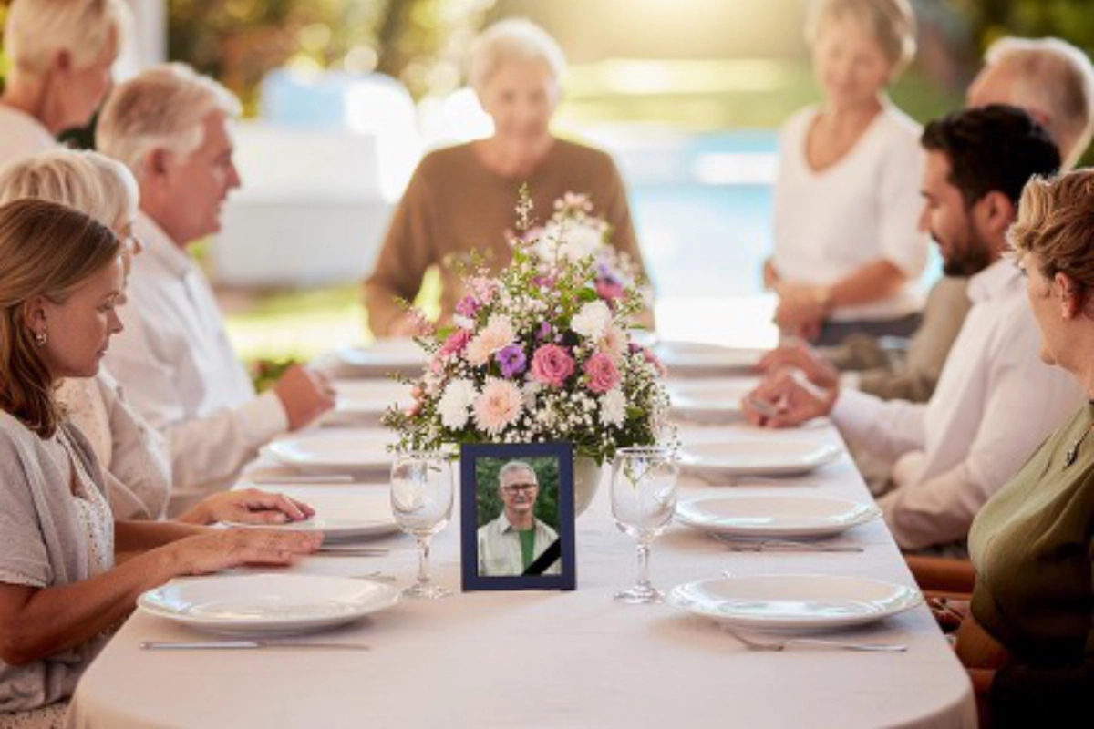 Family and friends at a memorial lunch with a photo of their loved on the table in front of flowers