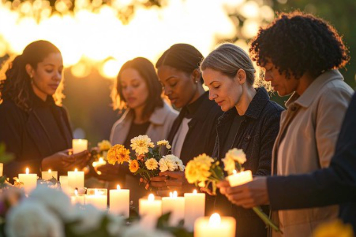 A group of people at memorial service lighting candles as the sun goes down