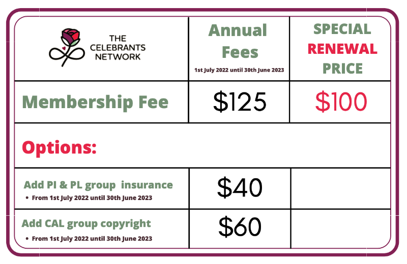The Celebrants Network Annual Fees